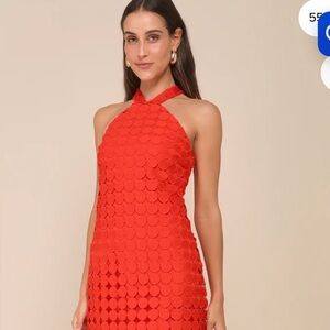 Vibrant Red Halter Dress with Circle Accents